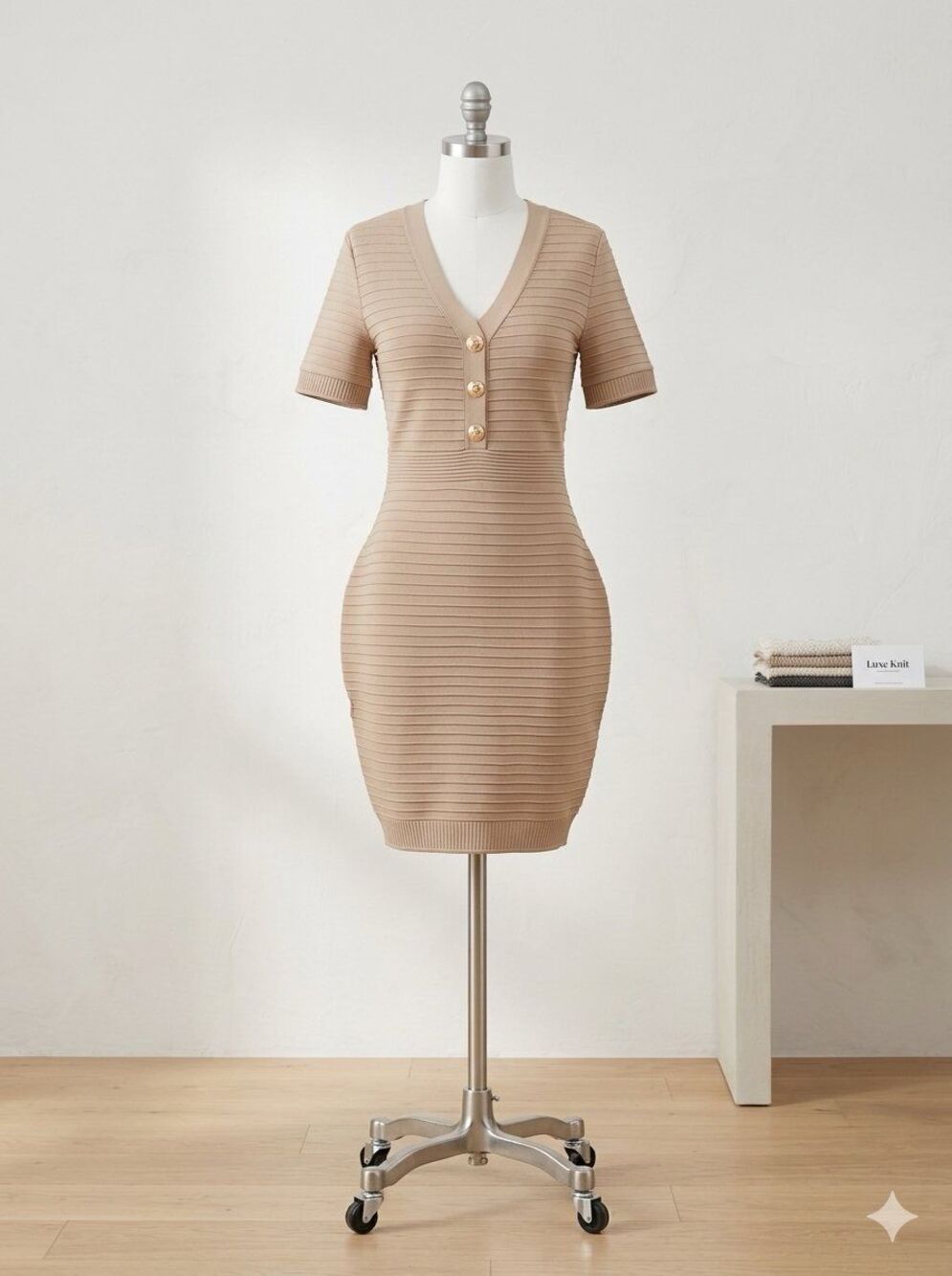 Rivir Short Sleeve Bandage Bodycon Mini Dress Beige Vneck Rib Stripe Gold Button